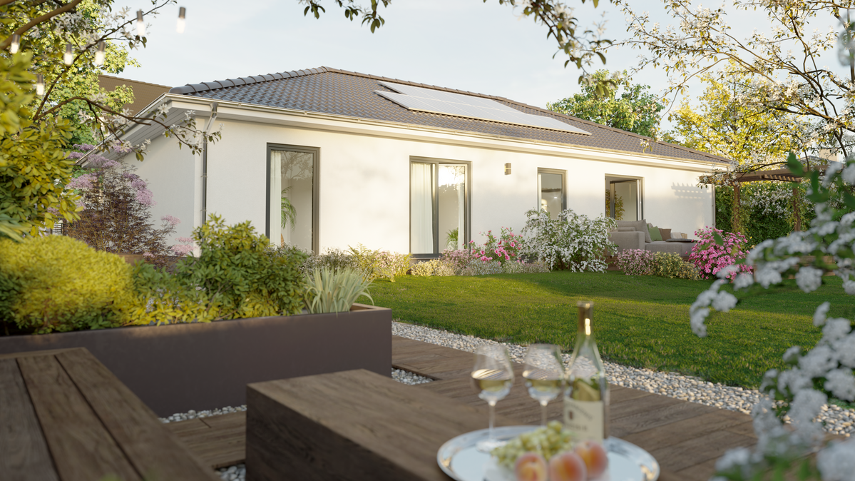 Aktionshaus Era 131 mit Gartenterrasse und Photovoltaik-Anlage Das Aktionshaus Era 131 als moderner Bungalow mit heller Putzfassade, Photovoltaik-Anlage auf dem Dach und direktem Zugang zur sonnigen Gartenterrasse. Im gepflegten Garten laden gemütliche Sitzgelegenheiten zum Verweilen ein. Bodentiefe Fenster sorgen für helle Wohnräume und einen fließenden Übergang zwischen Innen und Außen.